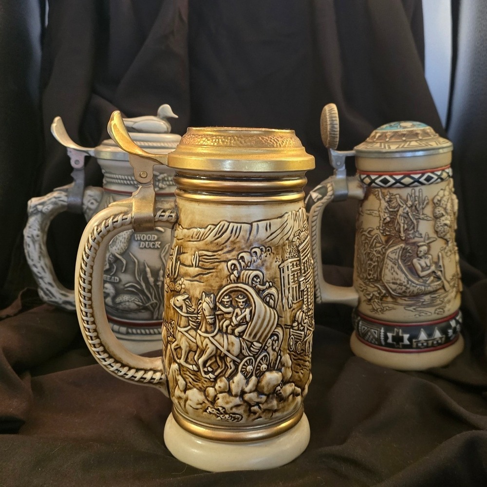 Vintage Avon Beer Stein Set Gold Rush Ducks Indians Frontier‎ Handcrafted Brazil